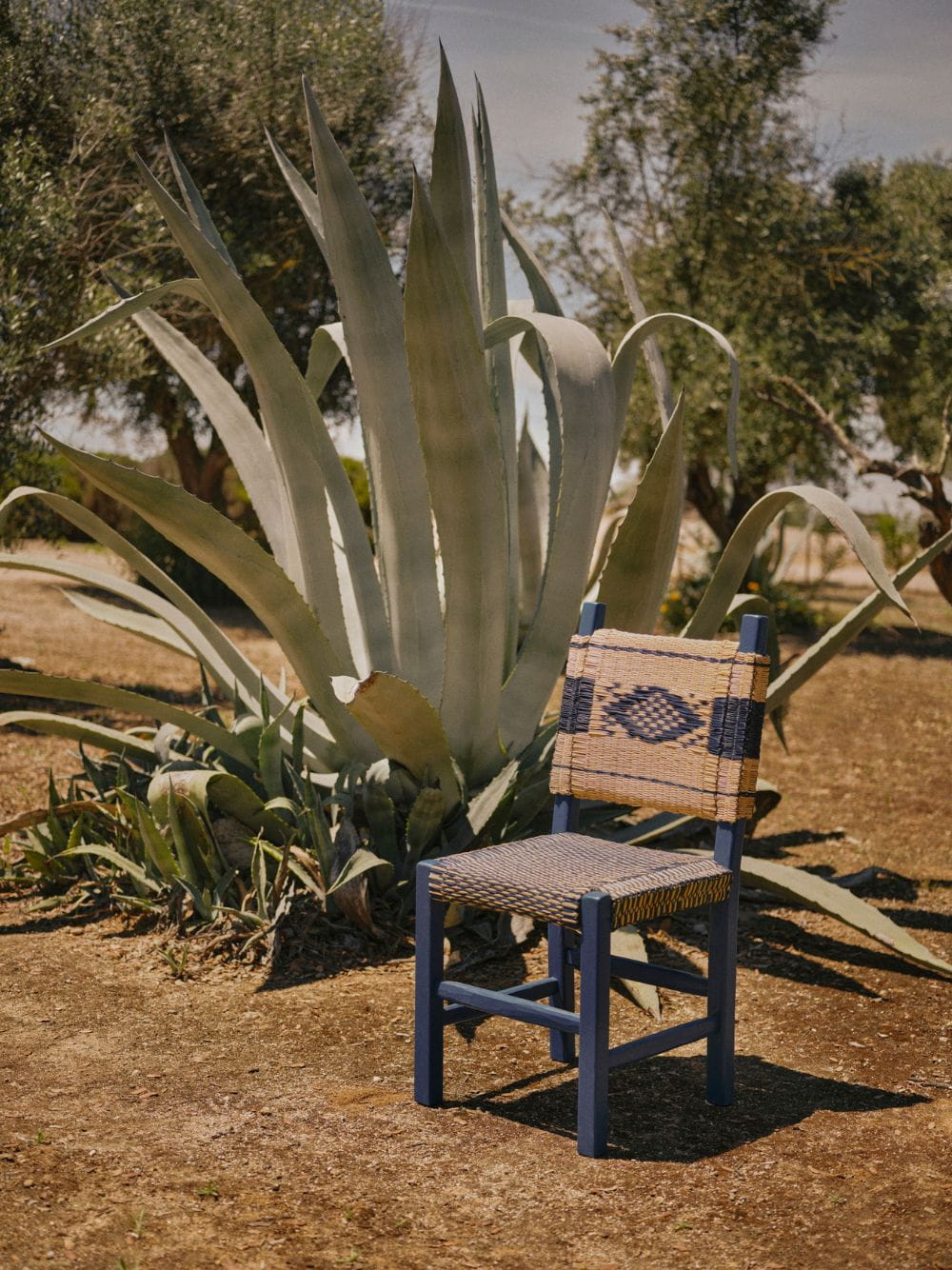 Handmade Coruche Blue Wood and Reed Dining Chair