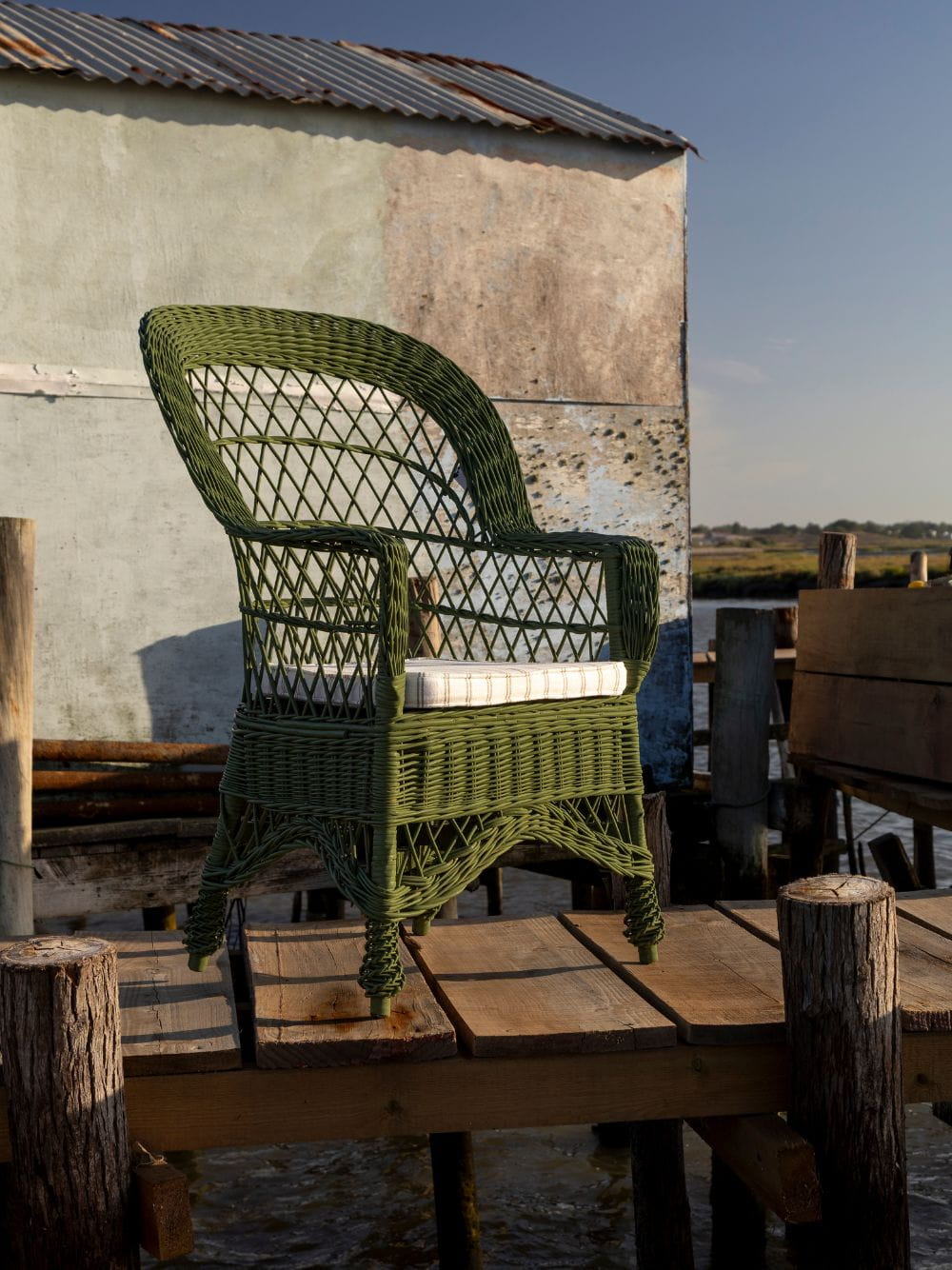 Handmade Furnas Green Wicker Armchair