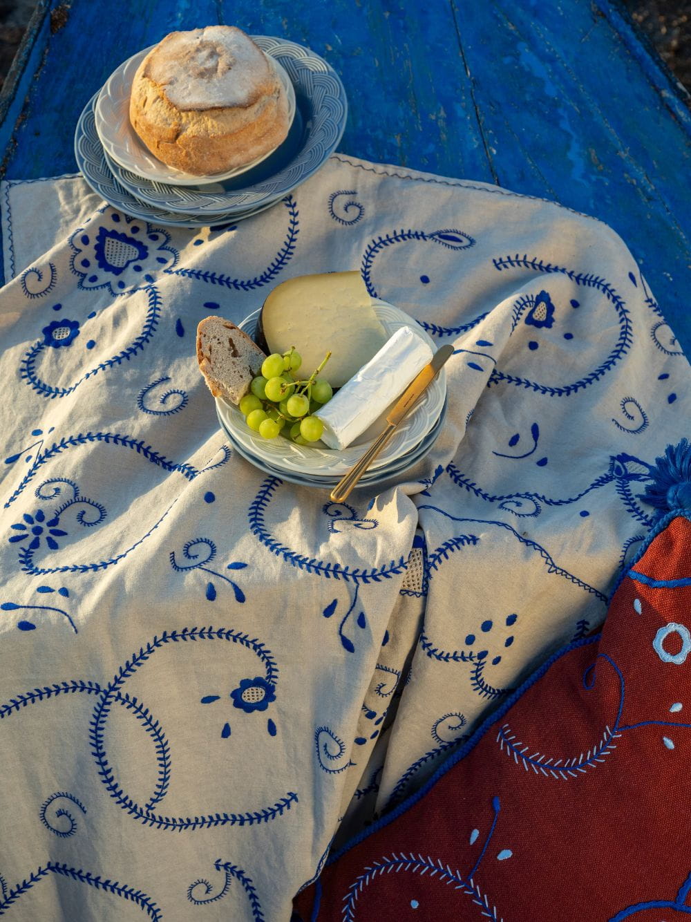 Hand-Embroidered Viana Beige Linen with Blue Embroidery Tablecloth and Napkin Set