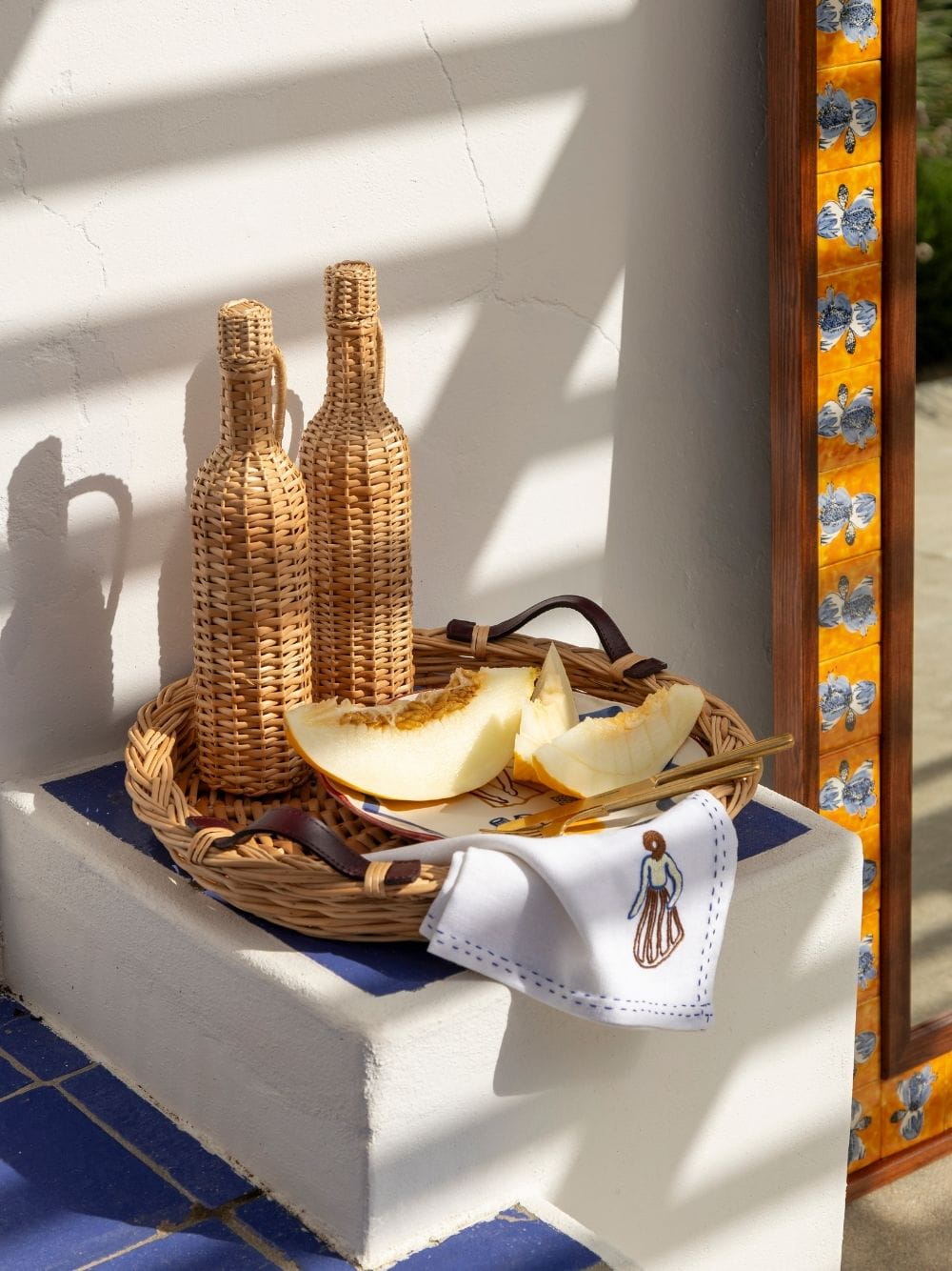 Hand-Embroidered Comporta The Peasant White Linen with Multicolour Embroidery Napkin