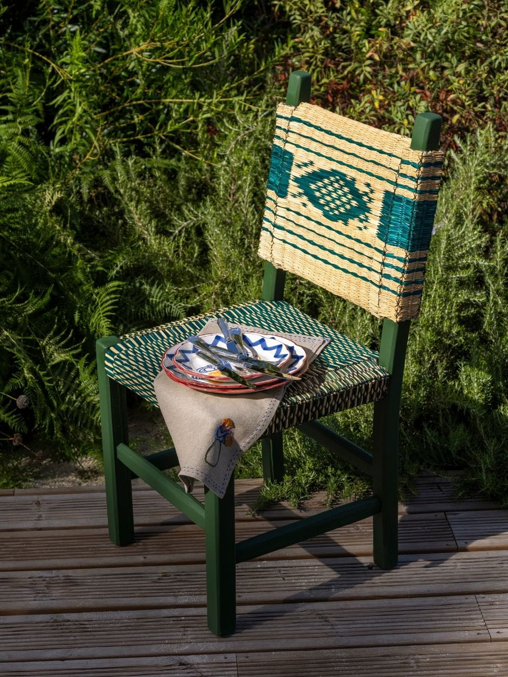 Handmade Coruche Green Wood and Reed Dining Chair