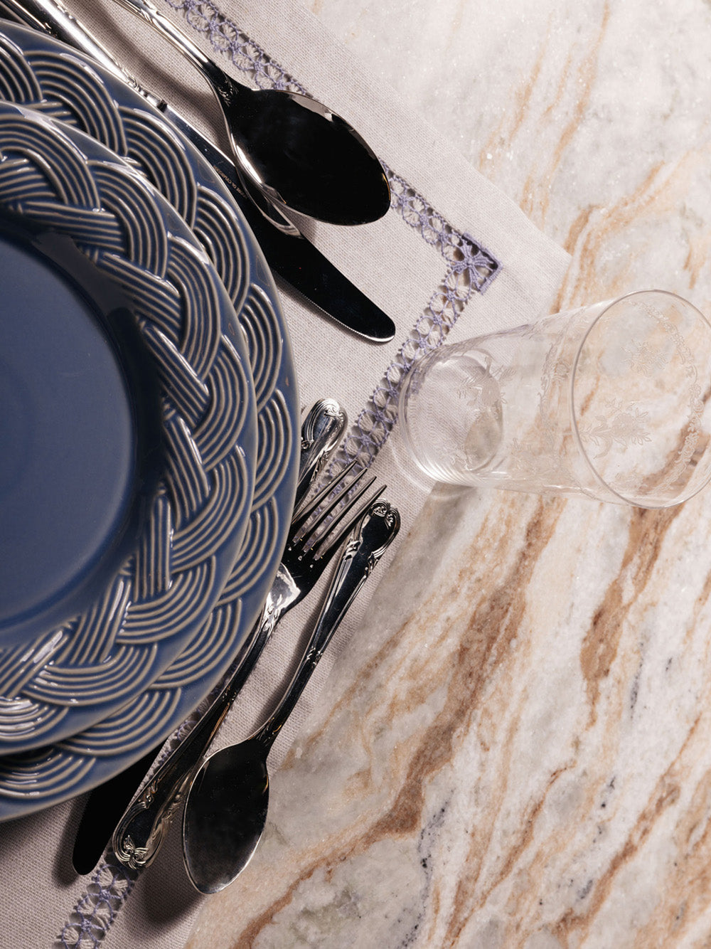 Hand-Embroidered Maria Ice Blue Linen with Blue Embroidery Placemat