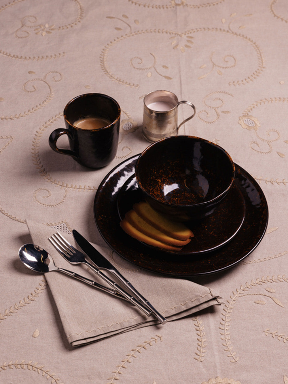 Hand-Embroidered Viana Beige Linen with Beige Embroidery Placemat and Napkin Set