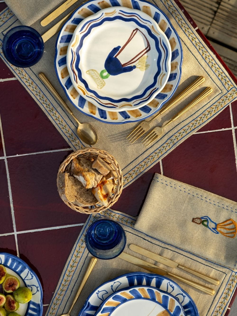 Hand-Embroidered Comporta The Water Carrier Beige Linen with Multicolour Embroidery Napkin
