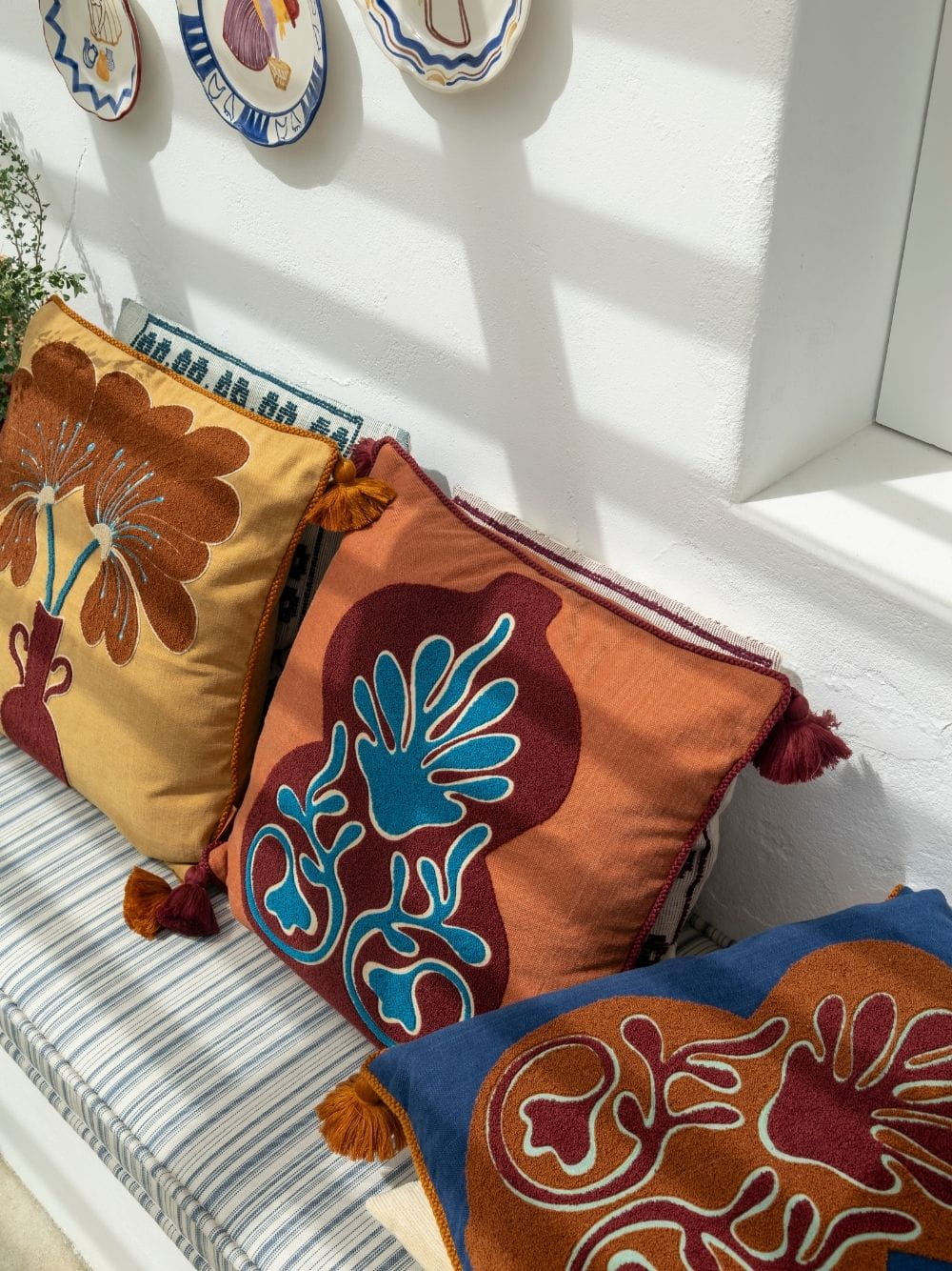 Teles Brick Cotton Linen and Chenille Embroidered Cushion