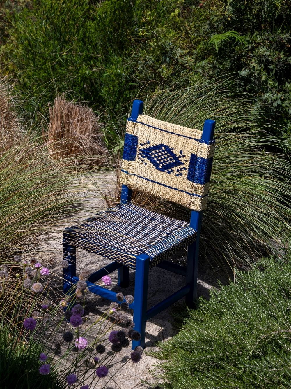 Handmade Coruche Blue Wood and Reed Dining Chair
