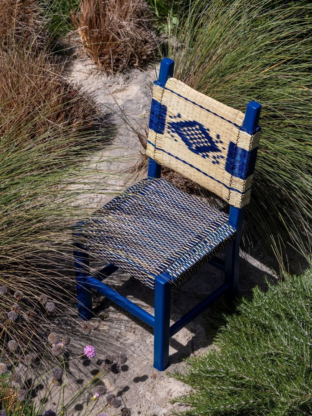 Handmade Coruche Blue Wood and Reed Dining Chair