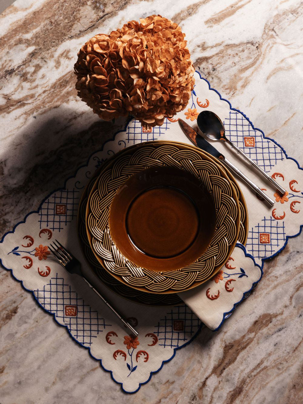 Hand-Embroidered Funchal Ecru Linen Multicoloured Embroidery Placemat