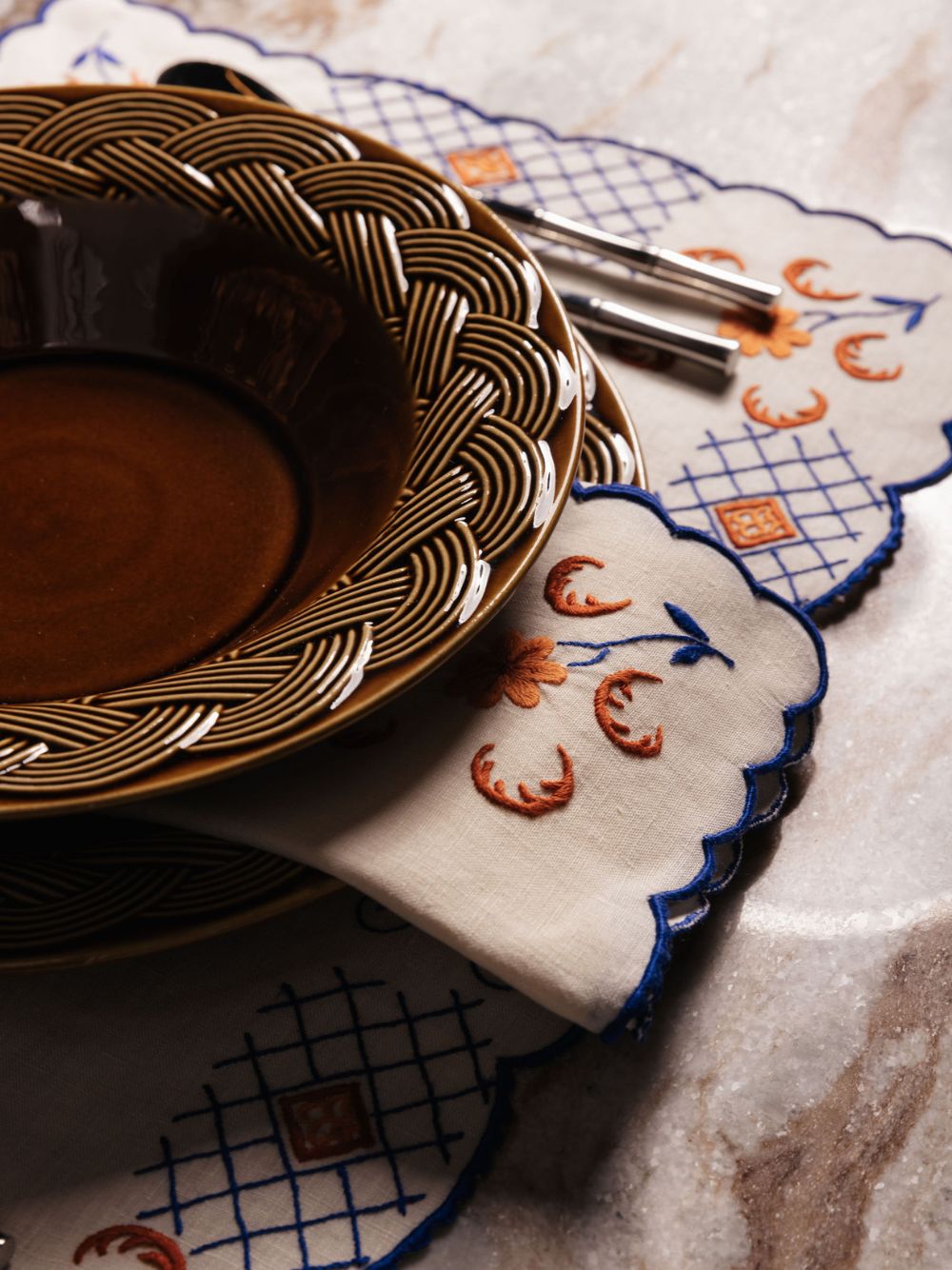 Hand-Embroidered Funchal Ecru Linen with Multicoloured Embroidery Napkin