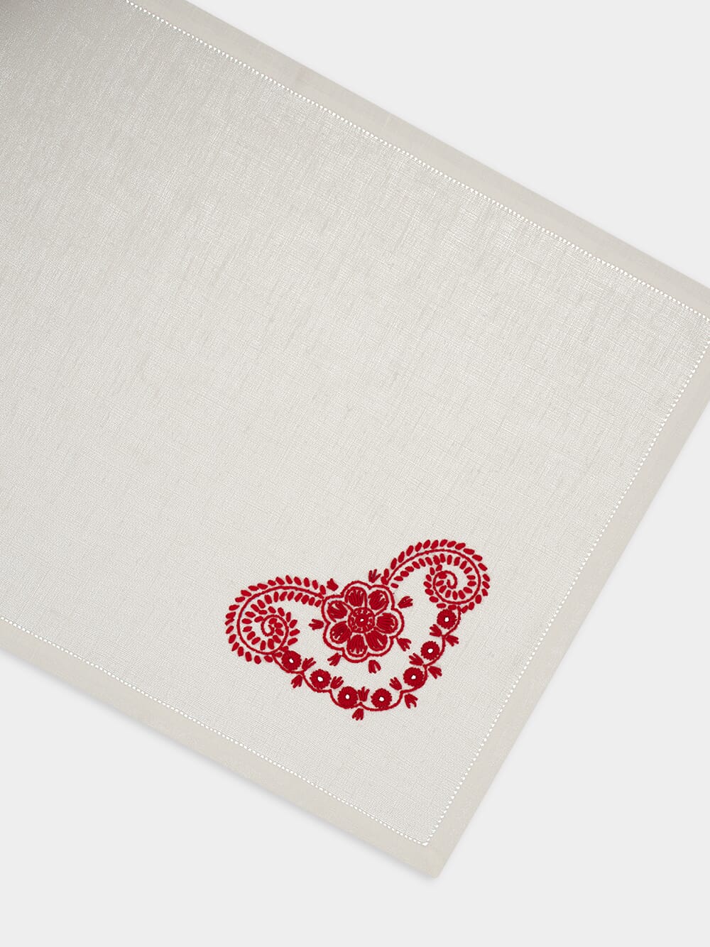 Hand-Embroidered Teresa White Linen with Red Embroidery Placemat