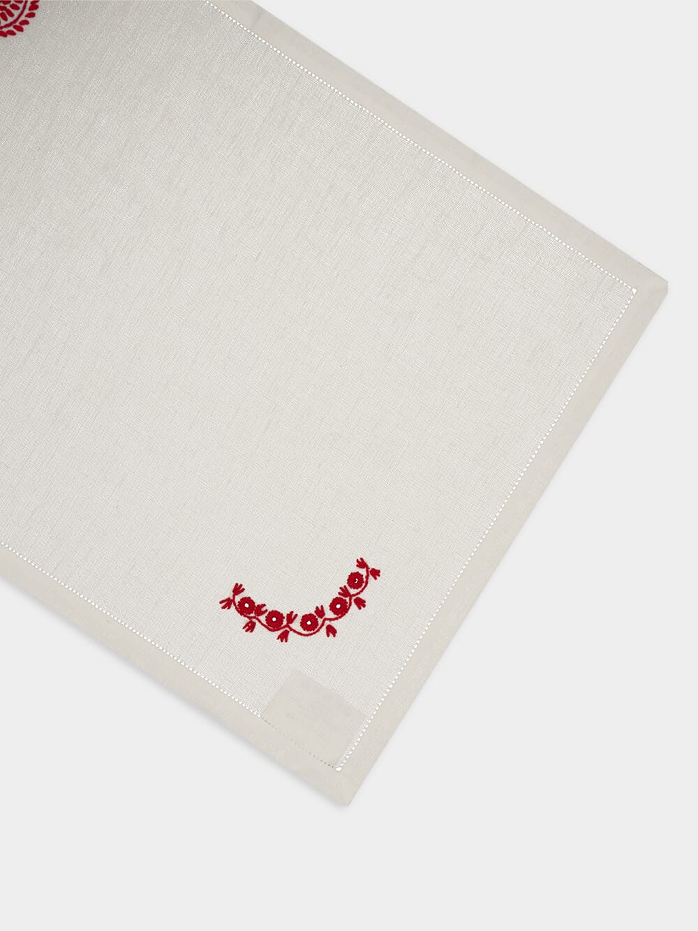 Hand-Embroidered Teresa White Linen with Red Embroidery Placemat