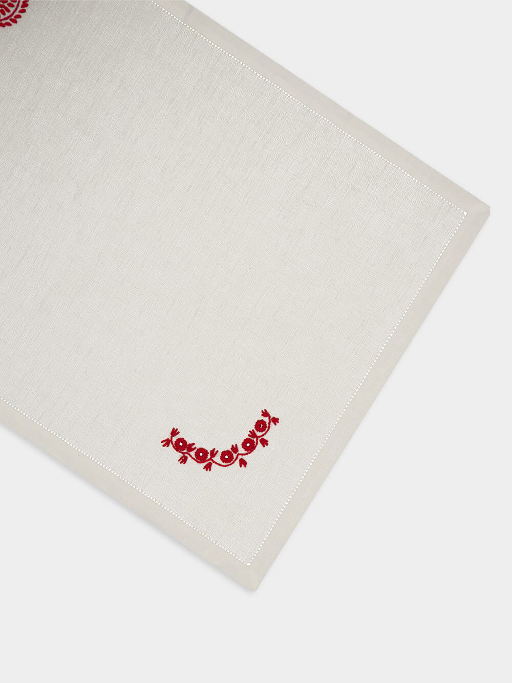 Hand-Embroidered Teresa White Linen with Red Embroidery Placemat