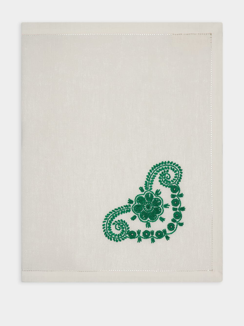 Hand-Embroidered Teresa White Linen with Green Embroidery Placemat