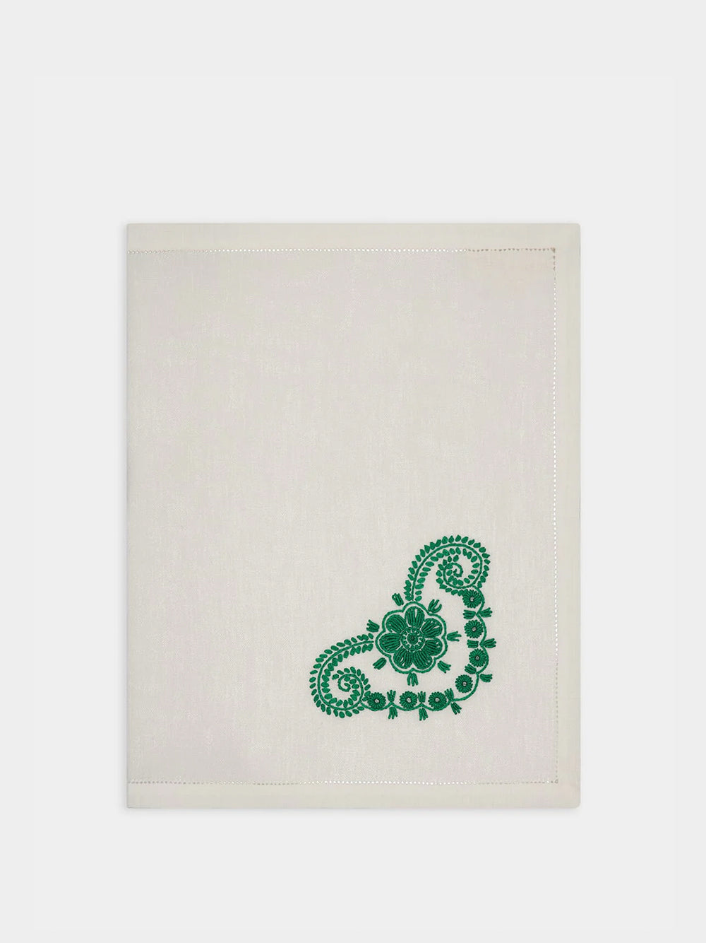 Hand-Embroidered Teresa White Linen with Green Embroidery Placemat