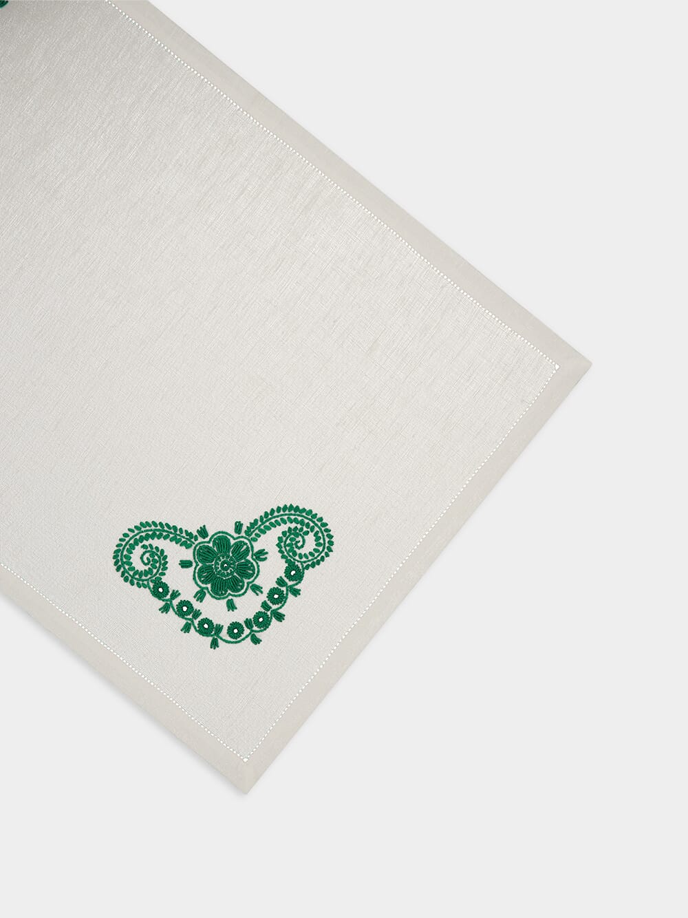 Hand-Embroidered Teresa White Linen with Green Embroidery Placemat