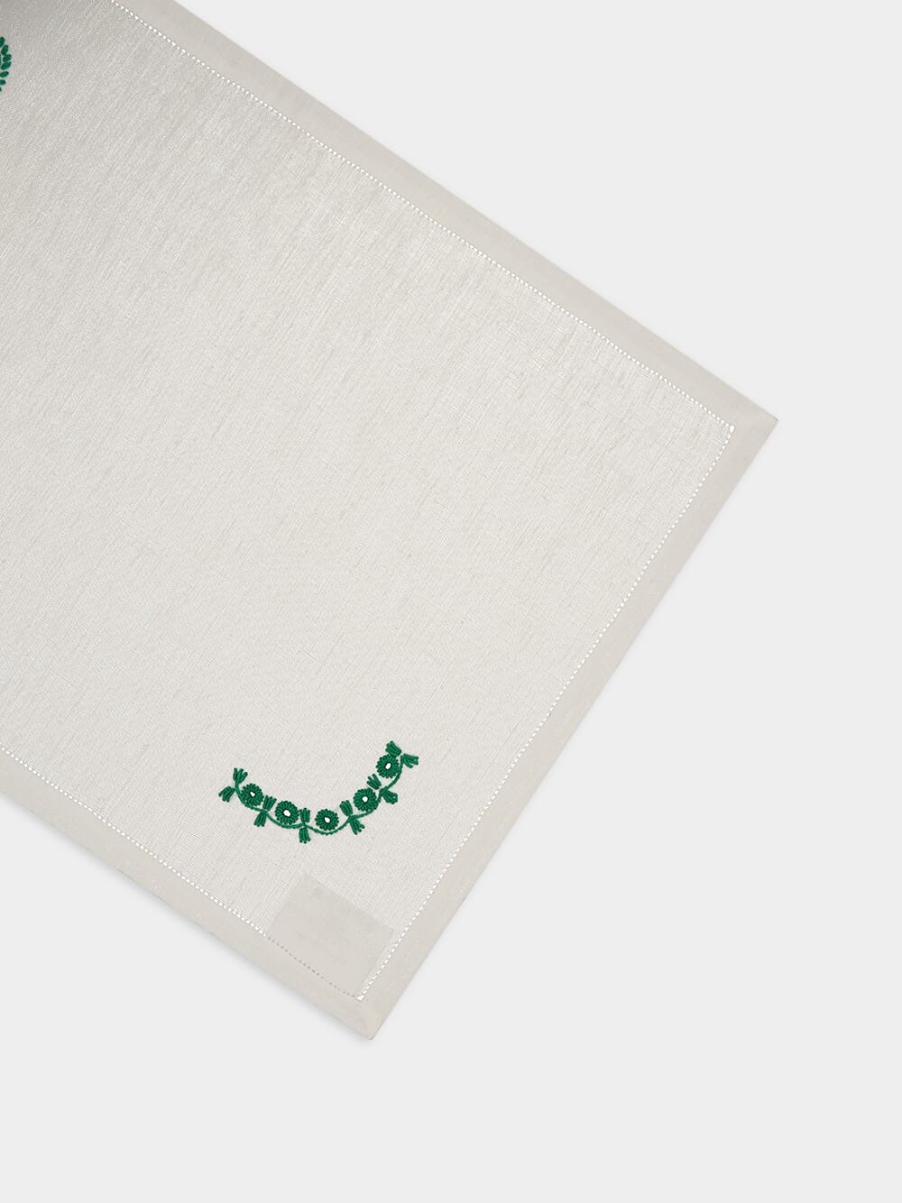 Hand-Embroidered Teresa White Linen with Green Embroidery Placemat