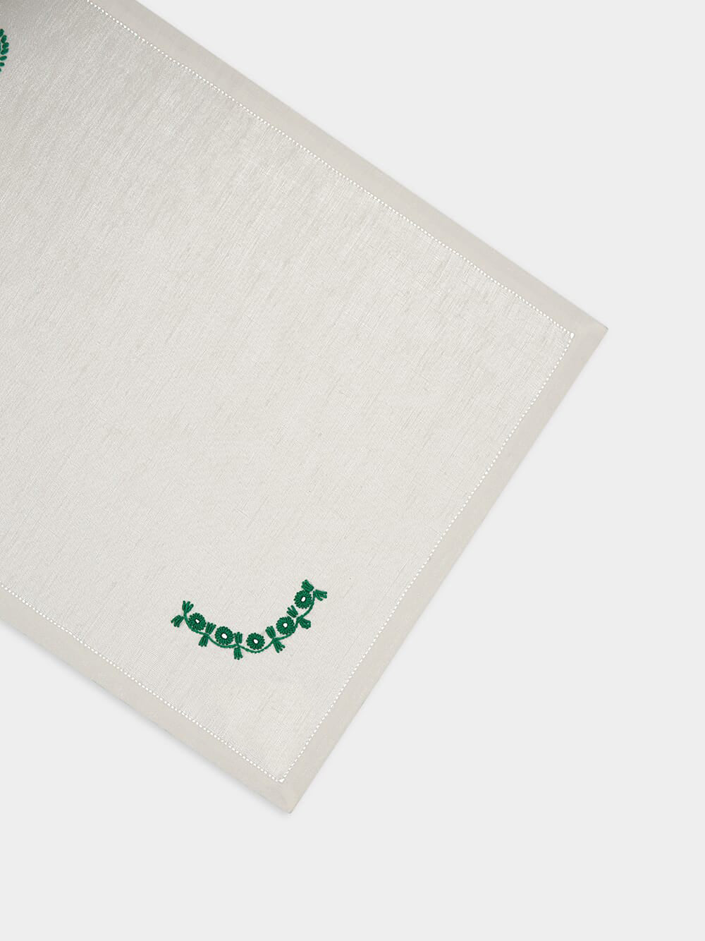 Hand-Embroidered Teresa White Linen with Green Embroidery Placemat