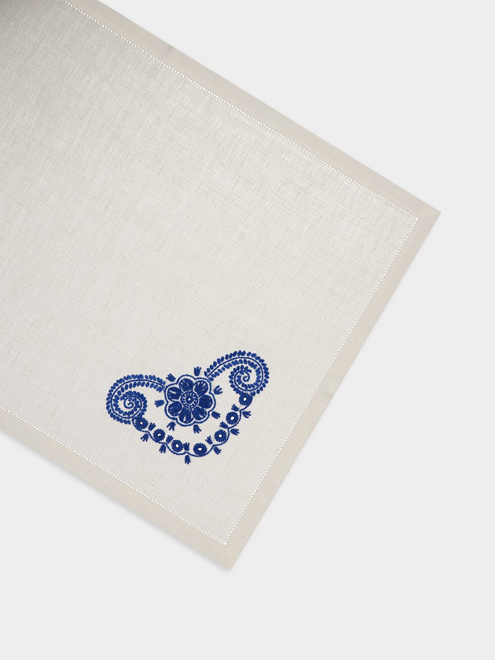 Hand-Embroidered Teresa White Linen with Blue Embroidery Placemat