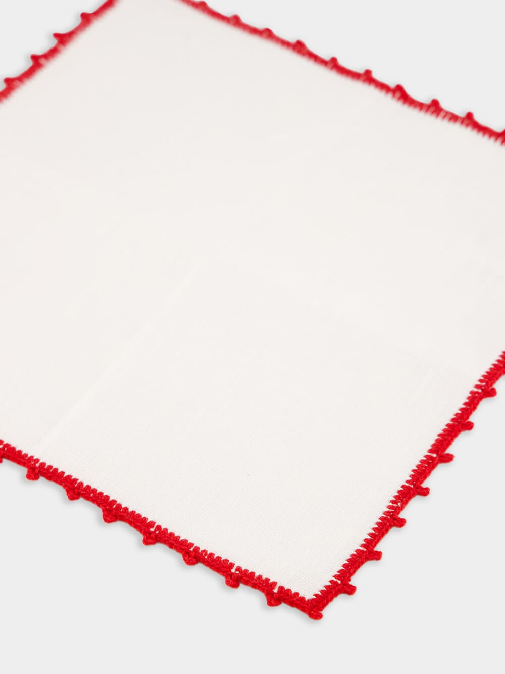 Hand-Embroidered Teresa White Linen with Red Cocktail Crochet Napkin