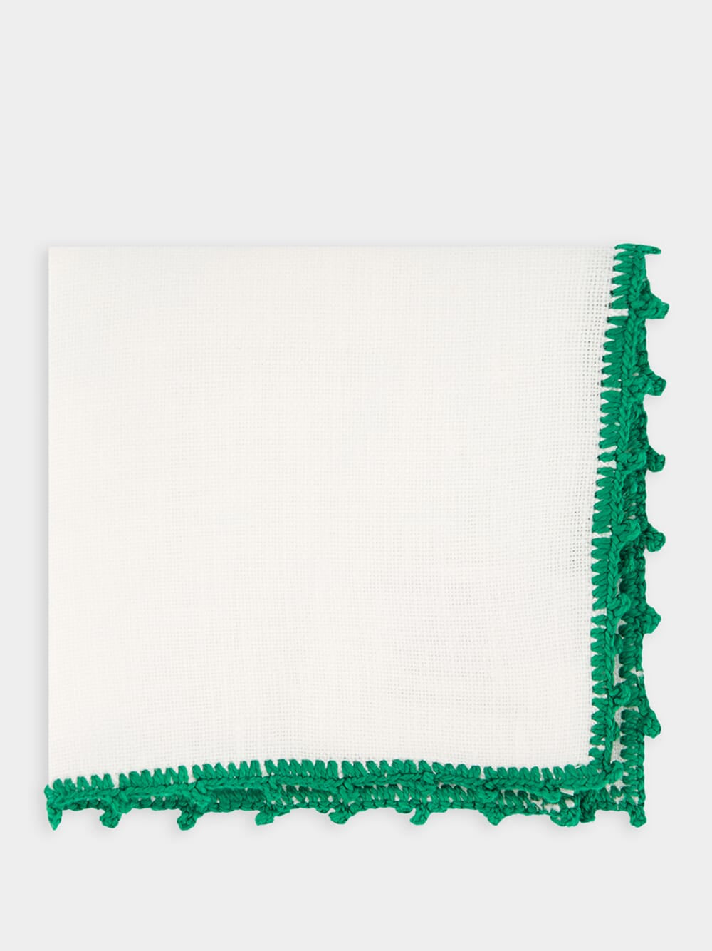 Hand-Embroidered Teresa White Linen with Green Crochet Cocktail Napkin