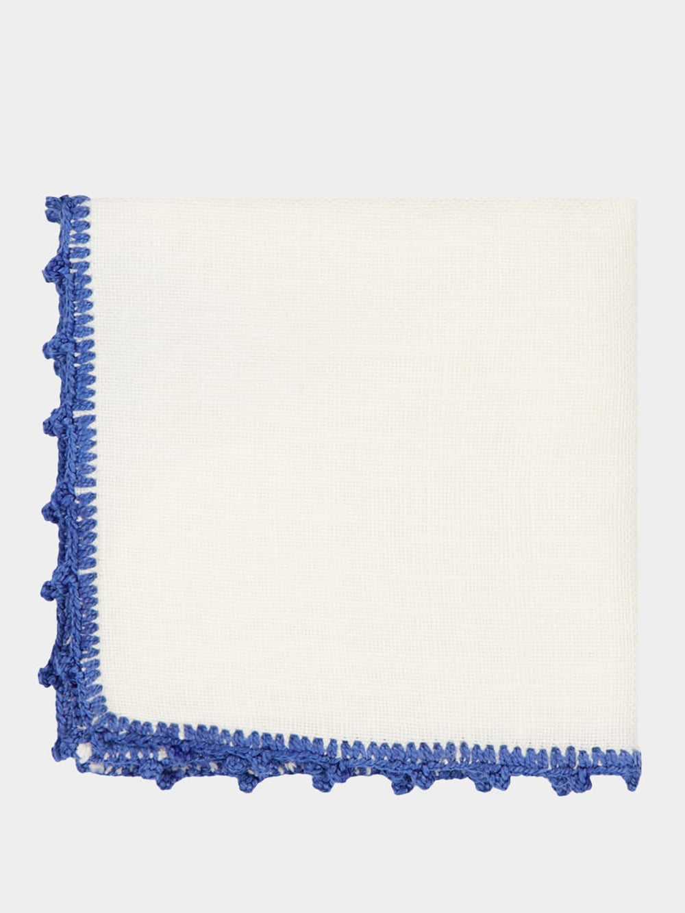 Hand-Embroidered Teresa White Linen with Blue Crochet Cocktail Napkin