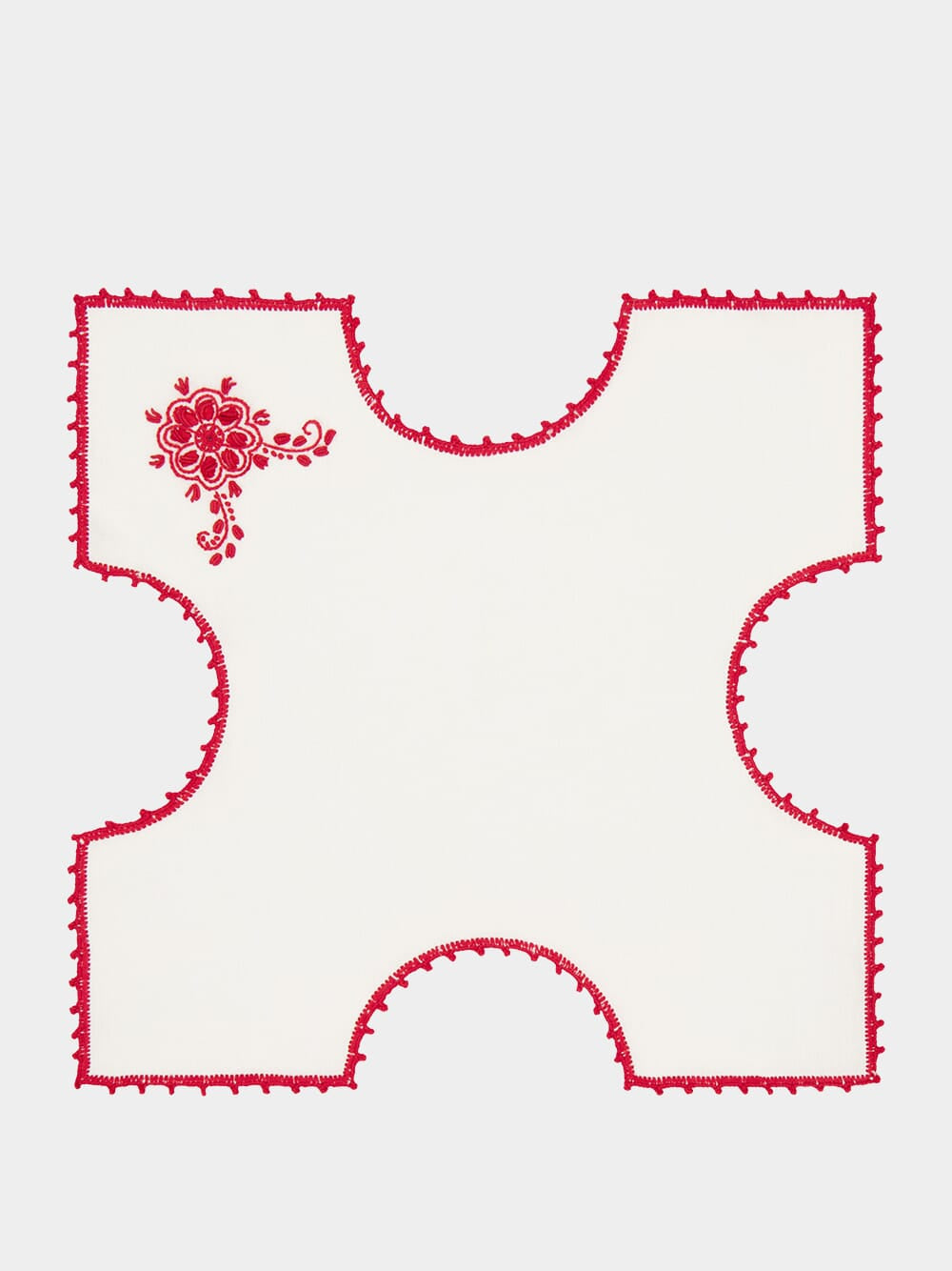 Hand-Embroidered Teresa White Linen with Red Crochet Bread Basket Cloth