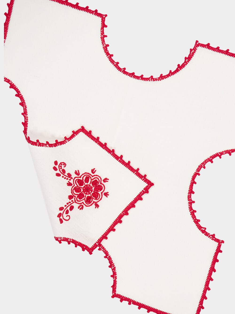 Hand-Embroidered Teresa White Linen with Red Crochet Bread Basket Cloth