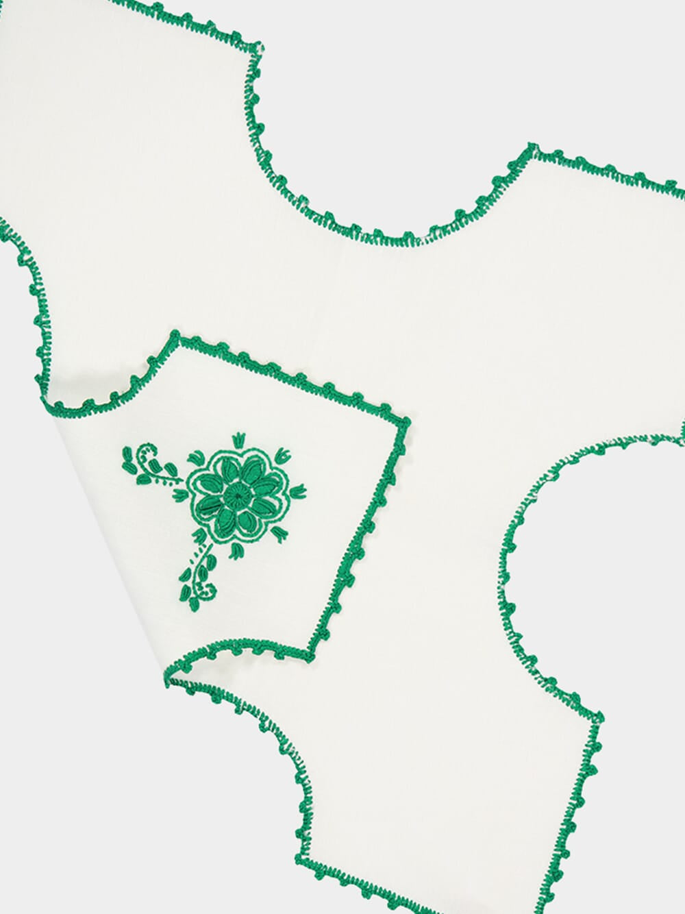 Hand-Embroidered Teresa White Linen with Green Crochet Bread Basket Cloth