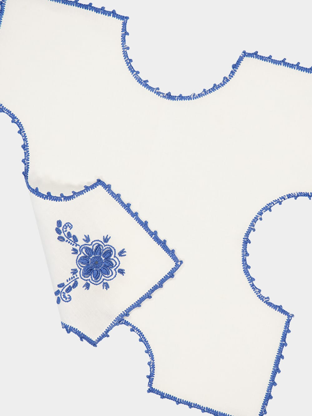 Hand-Embroidered Teresa White Linen with Blue Crochet Bread Basket Cloth