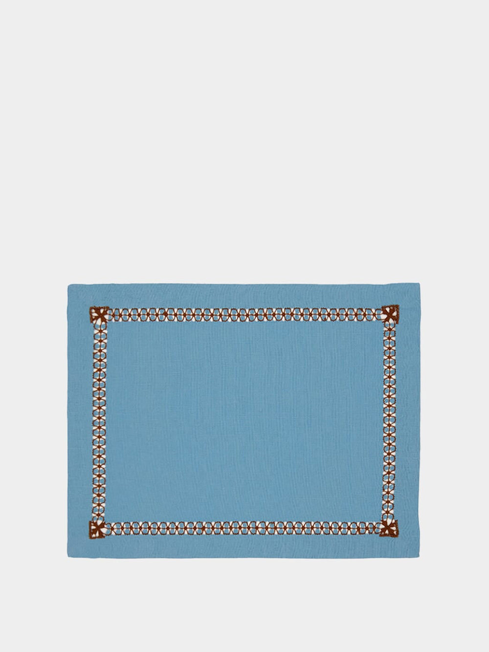 Hand-Embroidered Maria Turquoise Linen with Brown Embroidery Placemat
