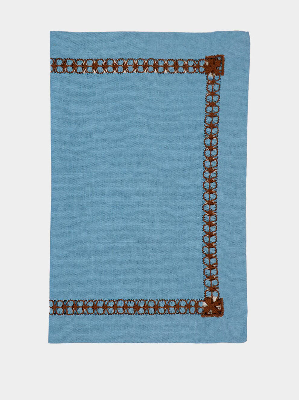 Hand-Embroidered Maria Turquoise Linen with Brown Embroidery Placemat