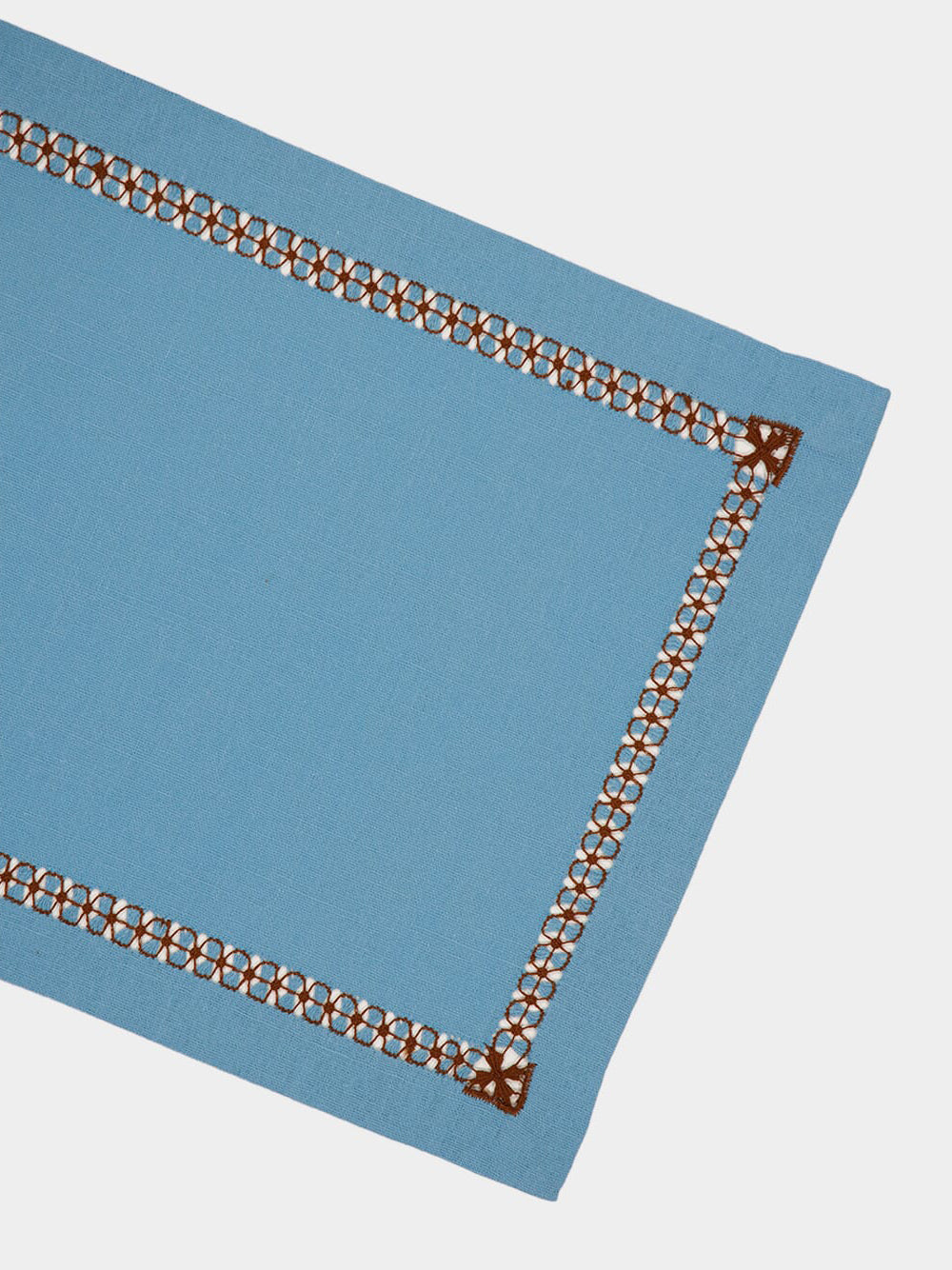 Hand-Embroidered Maria Turquoise Linen with Brown Embroidery Placemat