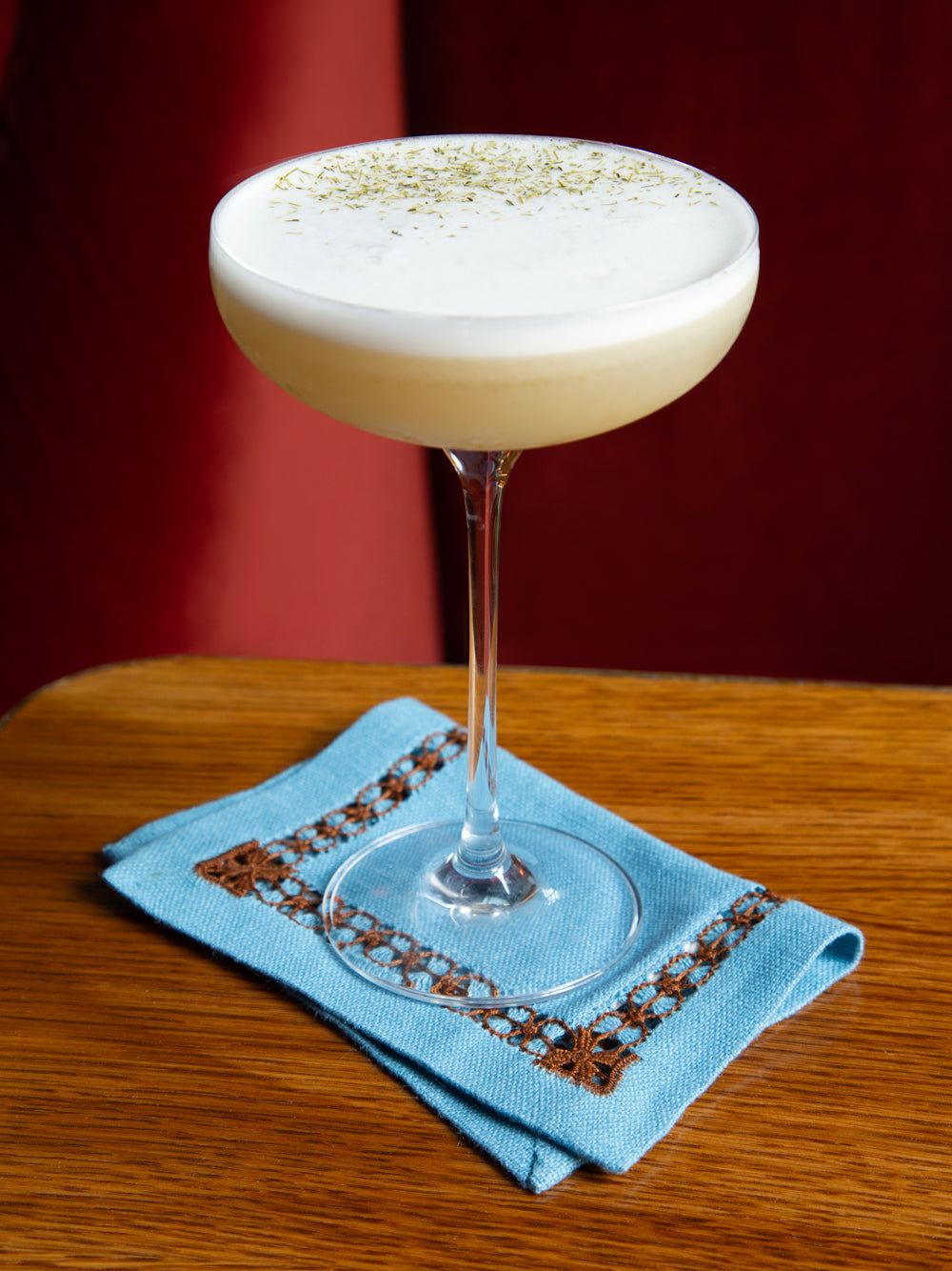 Hand-Embroidered Maria Turquoise Linen with Brown Embroidery Cocktail Napkin