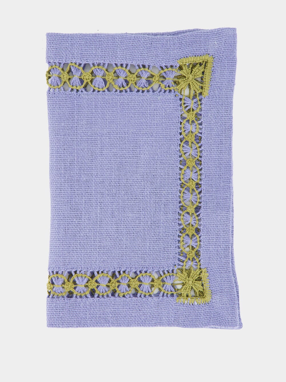 Hand-Embroidered Maria Blue Linen with Green Embroidery Cocktail Napkin