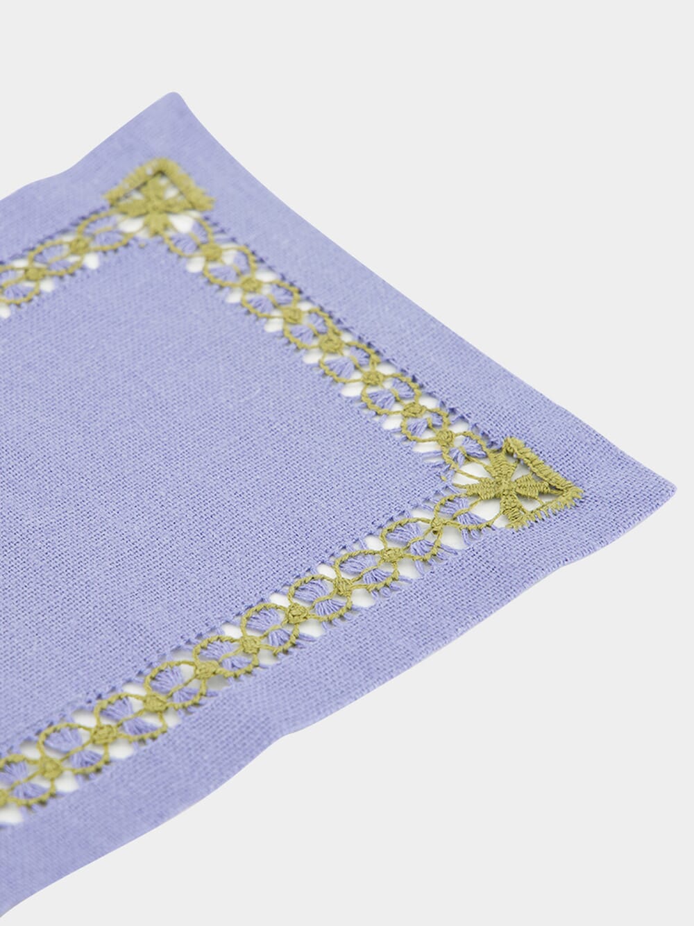 Hand-Embroidered Maria Blue Linen with Green Embroidery Cocktail Napkin