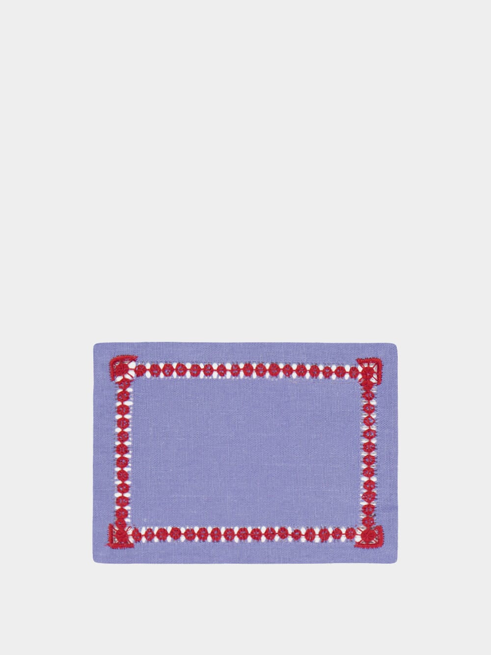 Hand-Embroidered Maria Blue Linen with Red Embroidery Cocktail Napkin