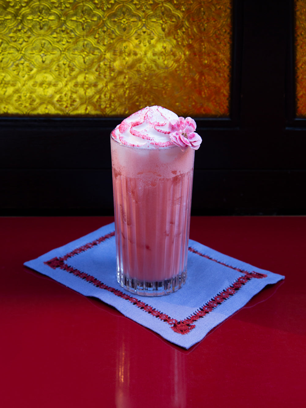 Hand-Embroidered Maria Blue Linen with Red Embroidery Cocktail Napkin