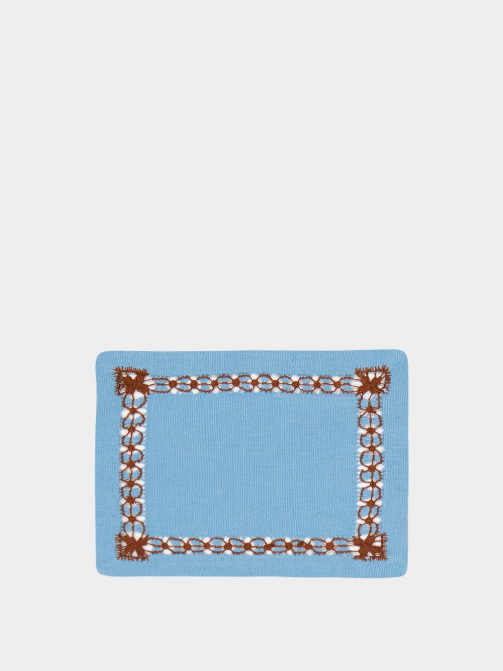 Hand-Embroidered Maria Turquoise Linen with Brown Embroidery Cocktail Napkin