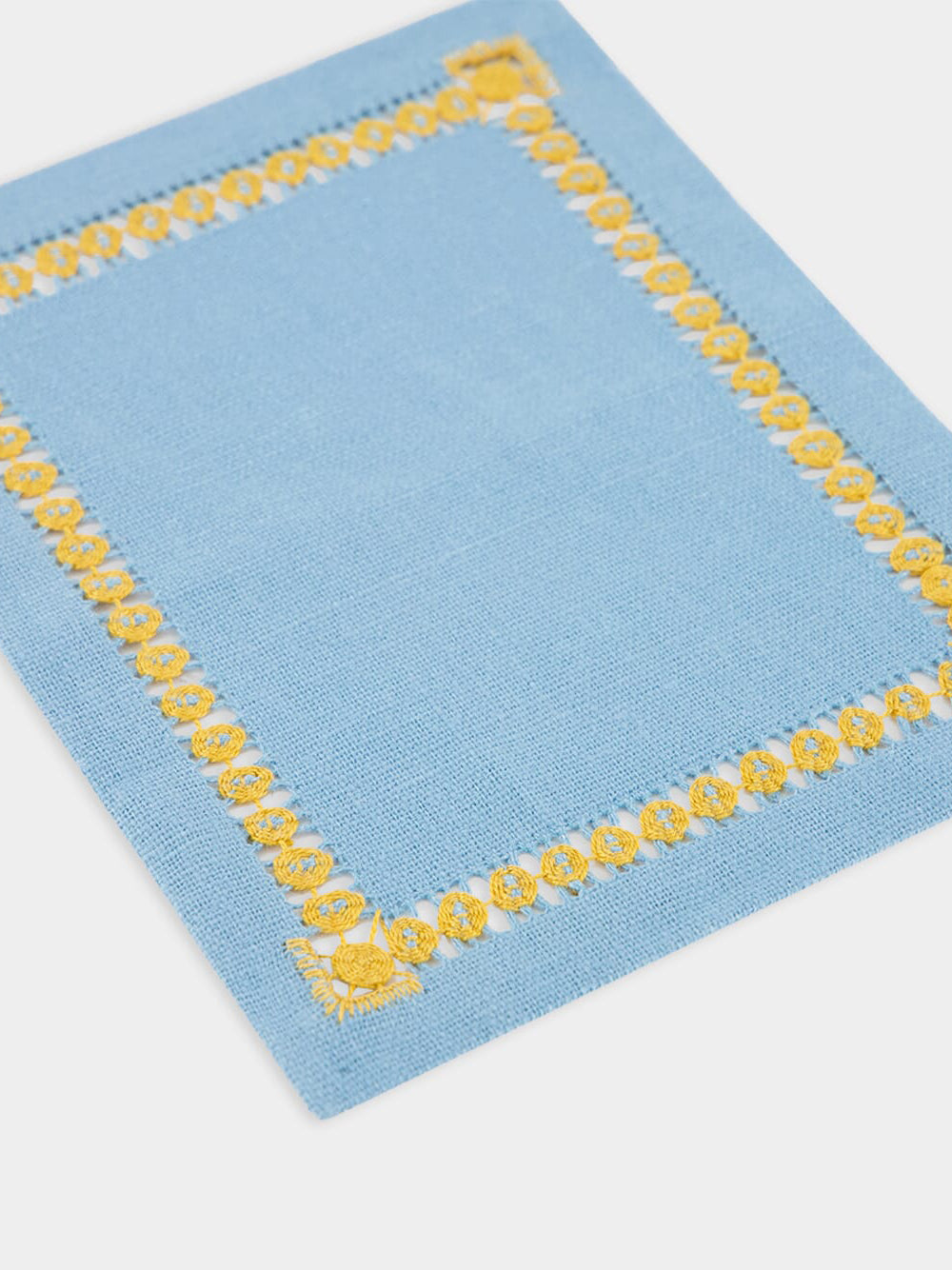 Hand-Embroidered Maria Turquoise with Yellow Embroidery Cocktail Napkin