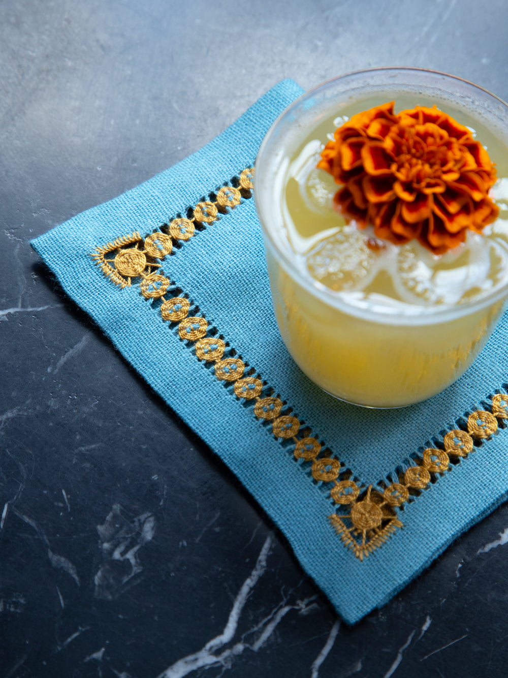 Hand-Embroidered Maria Turquoise with Yellow Embroidery Cocktail Napkin
