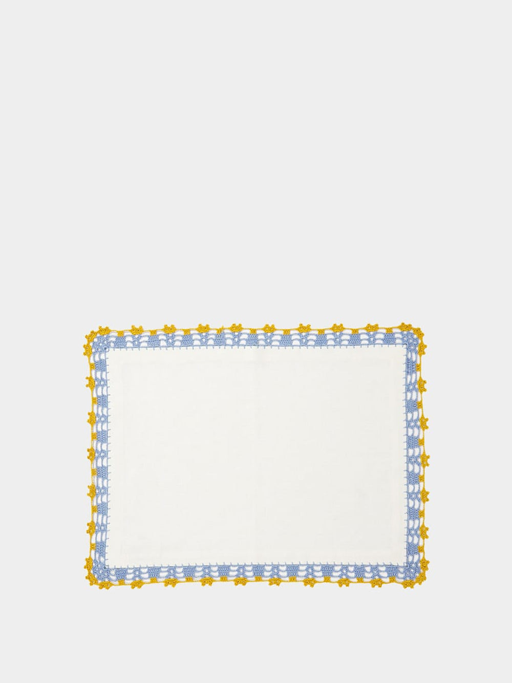 Hand-Embroidered Leonor White Linen With Blue and Yellow Crochet Placemat