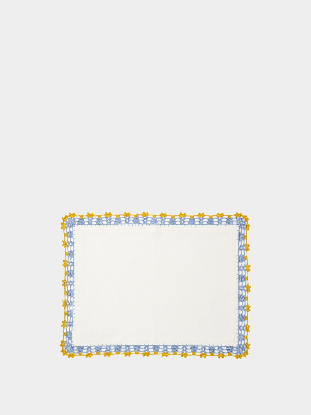 Hand-Embroidered Leonor Ecru Linen with Blue and Yellow Crochet Placemat