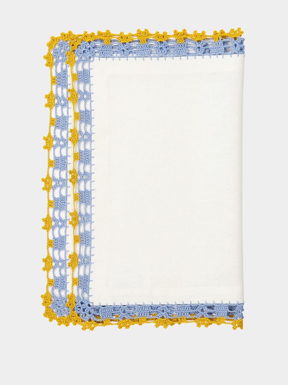 Hand-Embroidered Leonor Ecru Linen with Blue and Yellow Crochet Placemat