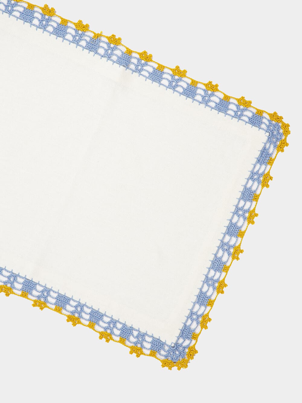 Hand-Embroidered Leonor White Linen With Blue and Yellow Crochet Placemat