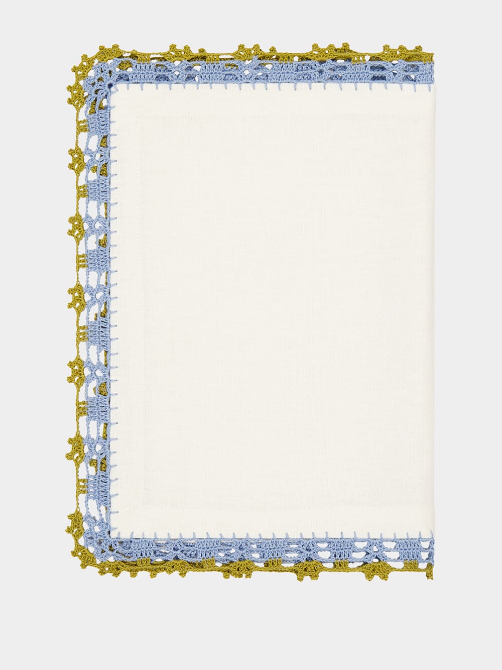 Hand-Embroidered Leonor White Linen With Blue and Green Crochet Placemat