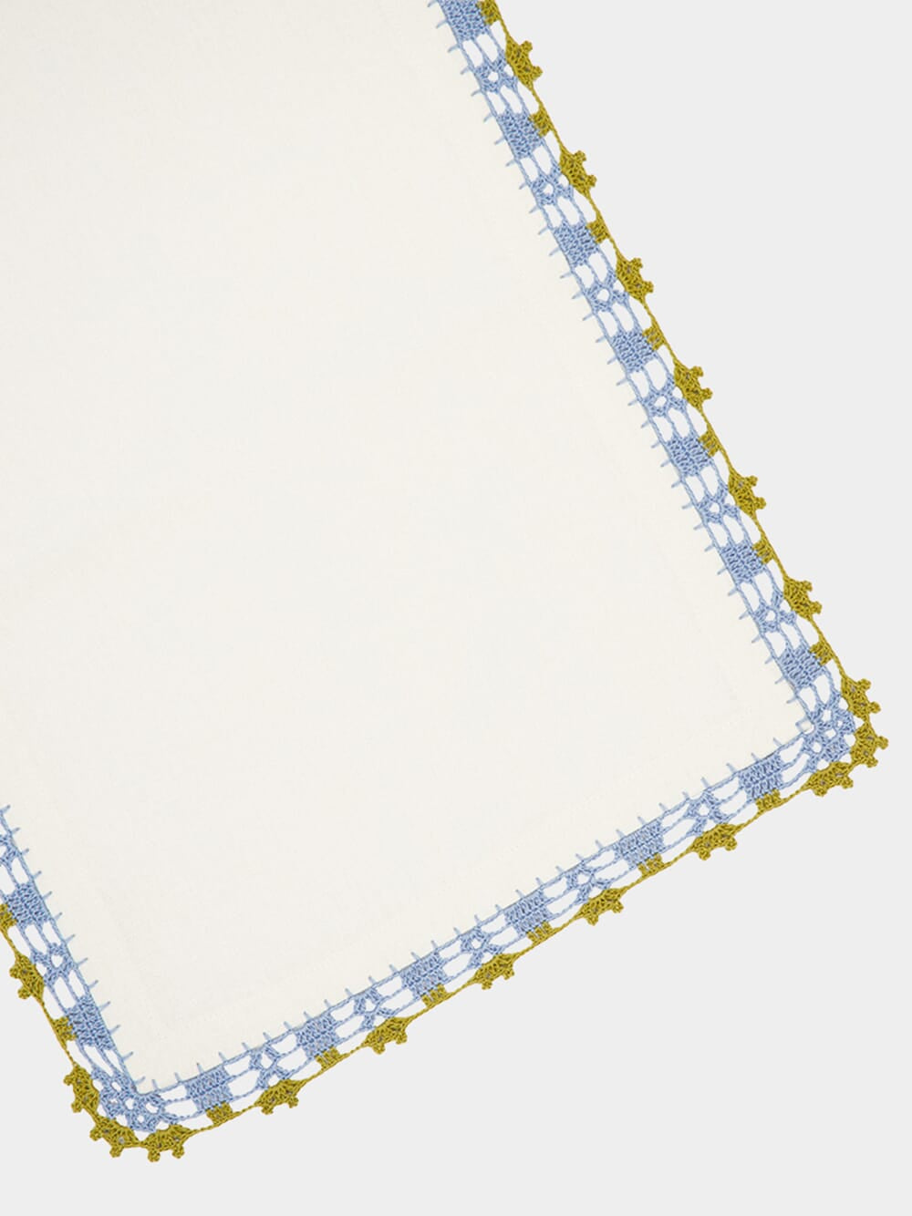 Hand-Embroidered Leonor White Linen With Blue and Green Crochet Placemat