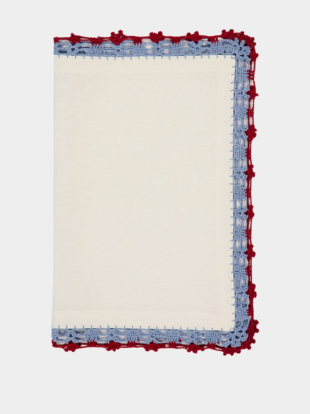 Hand-Embroidered Leonor Ecru Linen with Blue and Bordeaux Crochet Placemat