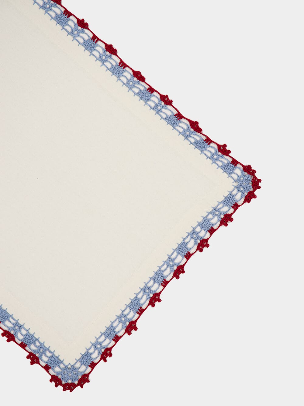 Hand-Embroidered Leonor Ecru Linen with Blue and Bordeaux Crochet Placemat