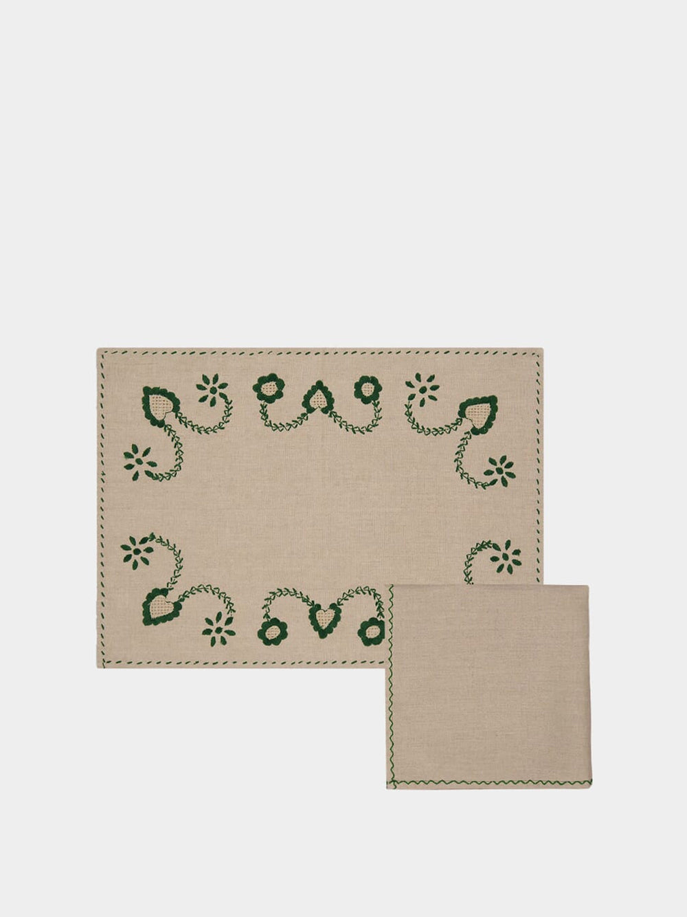 Hand-Embroidered Viana Beige Linen with Green Embroidery Placemat and Napkin Set