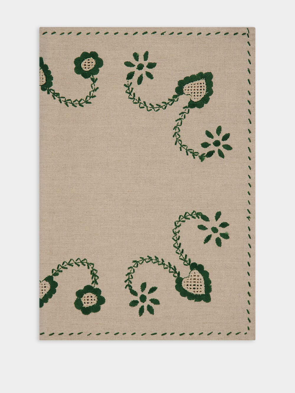 Hand-Embroidered Viana Beige Linen with Green Embroidery Placemat and Napkin Set